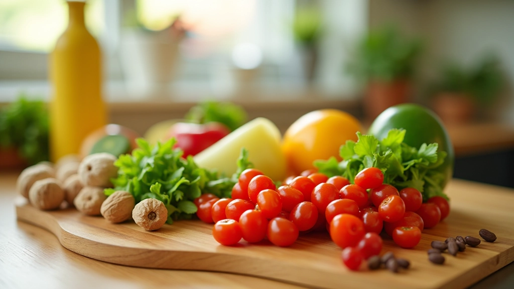 Frische Gemüse und Obst auf einer Holzplatte, Salat und Beeren, natürliches Licht, heller Hintergrund