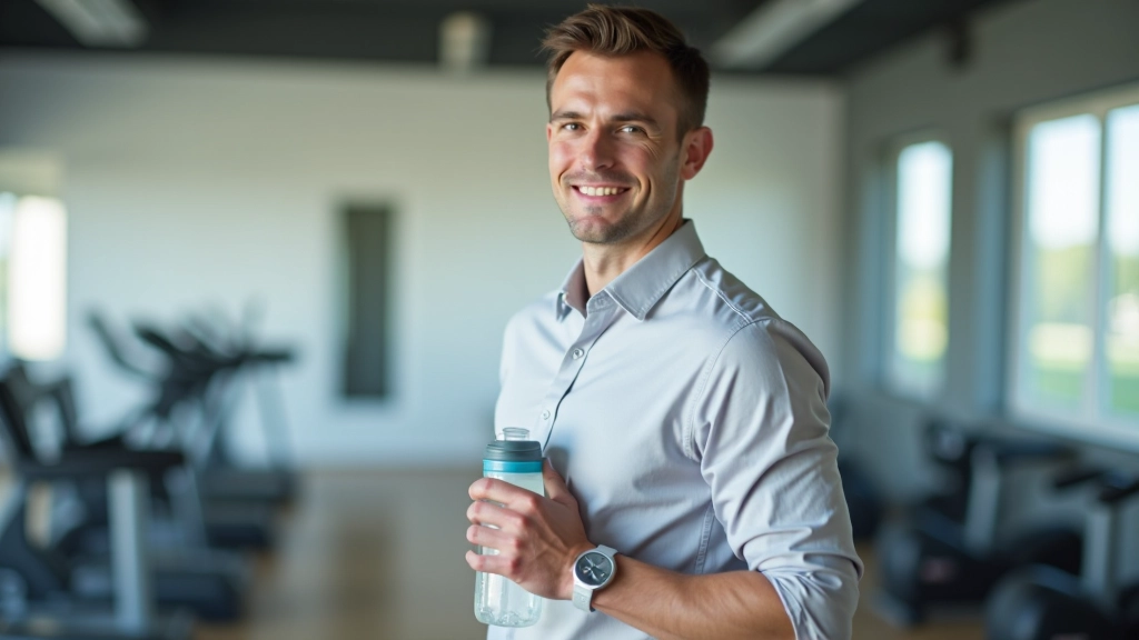 Mann in einem hellen Fitnessstudio mit Wasserflasche, trägt sportliche Kleidung, obere Körperhälfte, entspannter Ausdruck