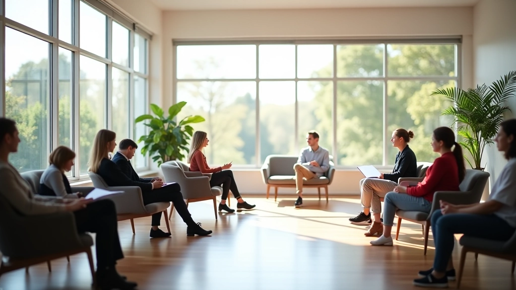 Modernes Seminarraum mit großem Fenster, helles natürliches Licht, teilnehmende sitzen in entspannter Atmosphäre, moderne Ausstattung