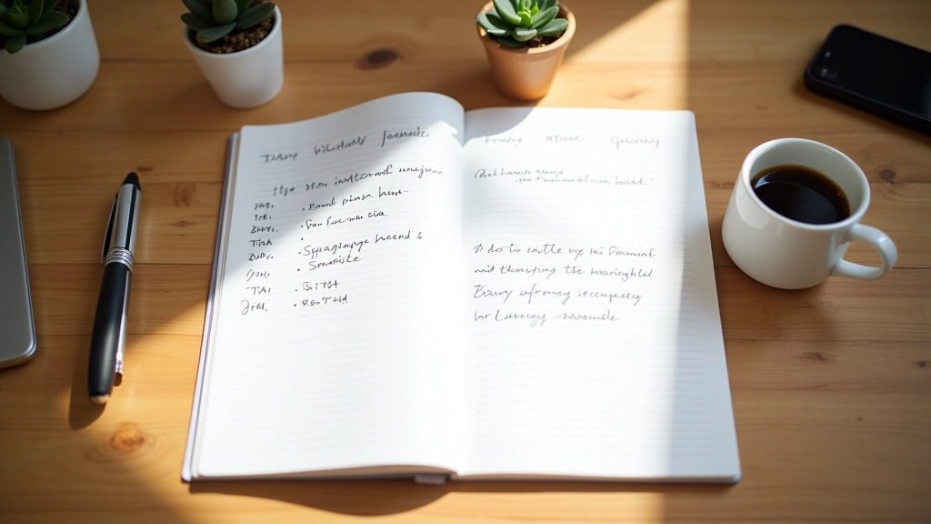 Notizbuch mit handschriftlichen Notizen auf einem Schreibtisch, neben einer Tasse Kaffee und Stift