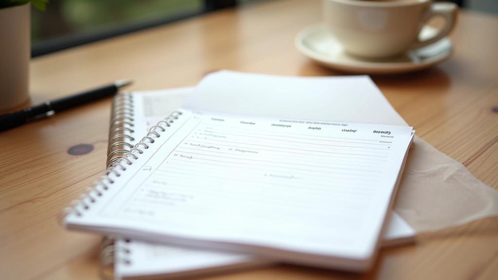 Trainingsplan und Notizbuch mit handschriftlichen Notizen zu Bewegungsroutinen und Energielevel, organisiert und strukturiert