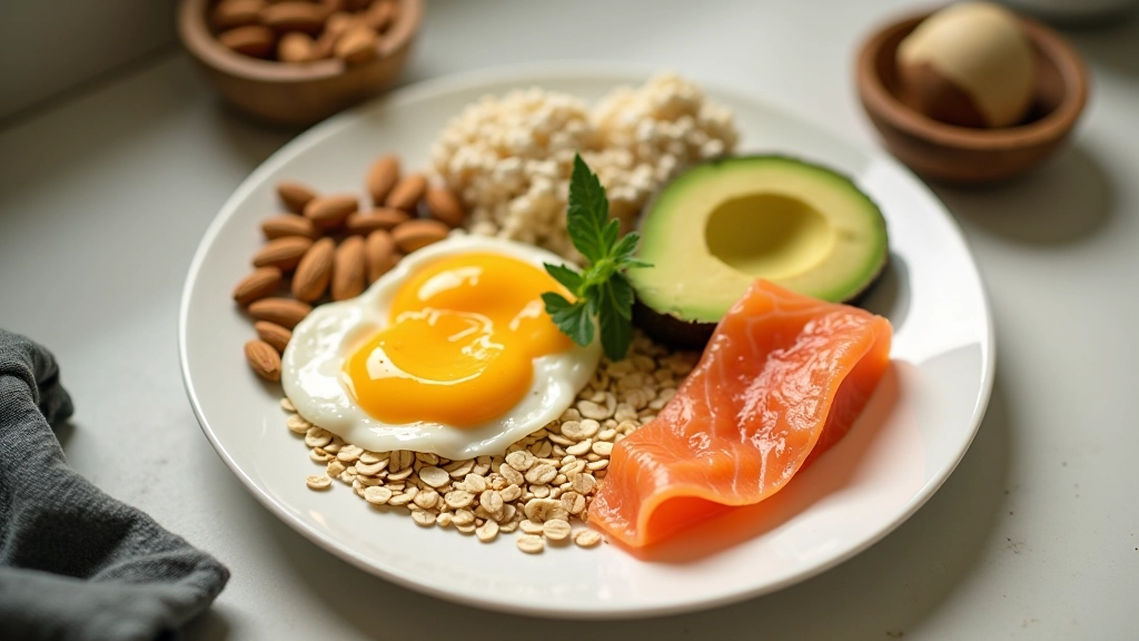 Nahaufnahme verschiedener gesunder Lebensmittel - Nüsse, Haferflocken, Avocado, Eier auf einem hellen Tisch mit natürlichem Licht