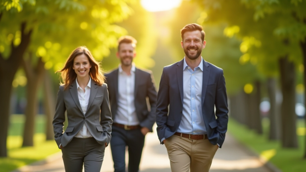 Gruppe von Menschen macht einen schnellen Spaziergang im Büro-Park während der Mittagspause, sonniges Wetter, aktiv und erholsam