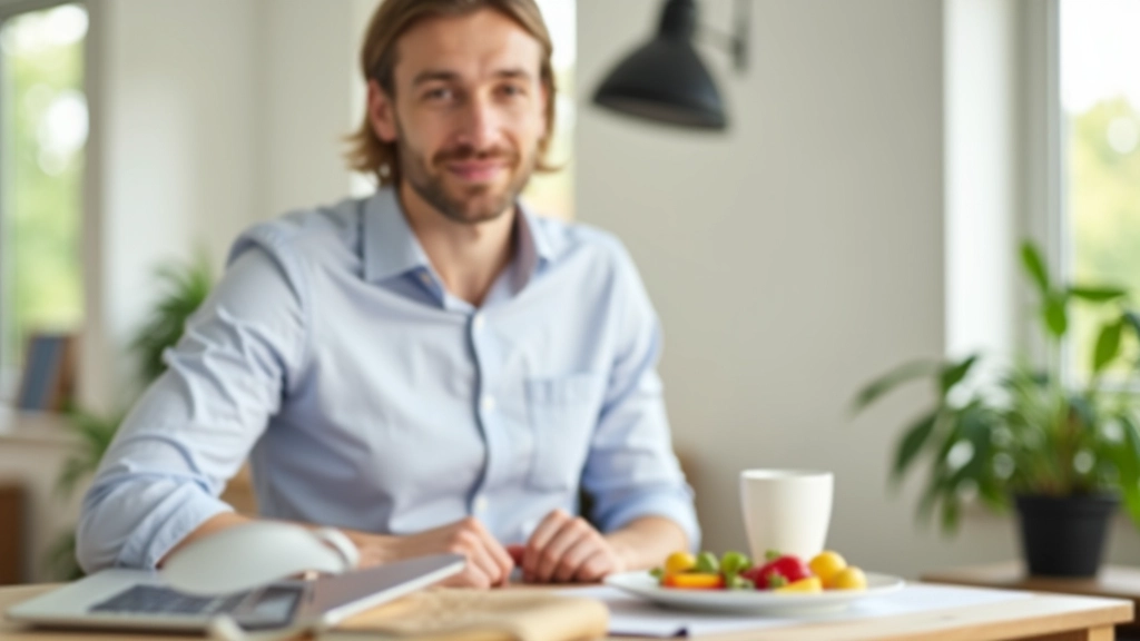 Person von vorne, sitzt am Schreibtisch mit gesundem Frühstück und Laptop, konzentriert und energisch, helles Arbeitszimmer