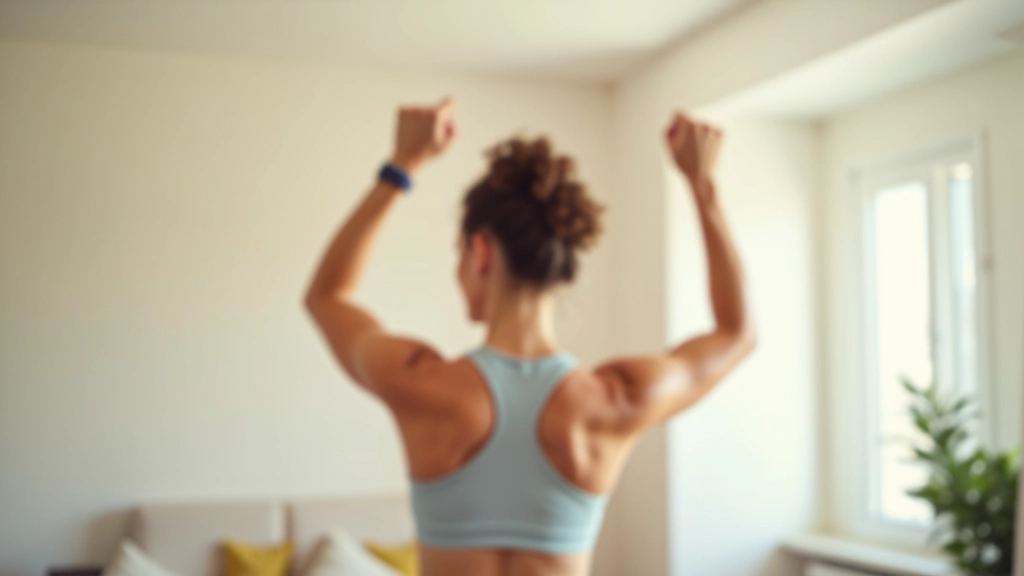 Person führt schnelle Morgengymnastik durch, Arme gestreckt, heller Morgen, frische Energie und Lebendigkeit