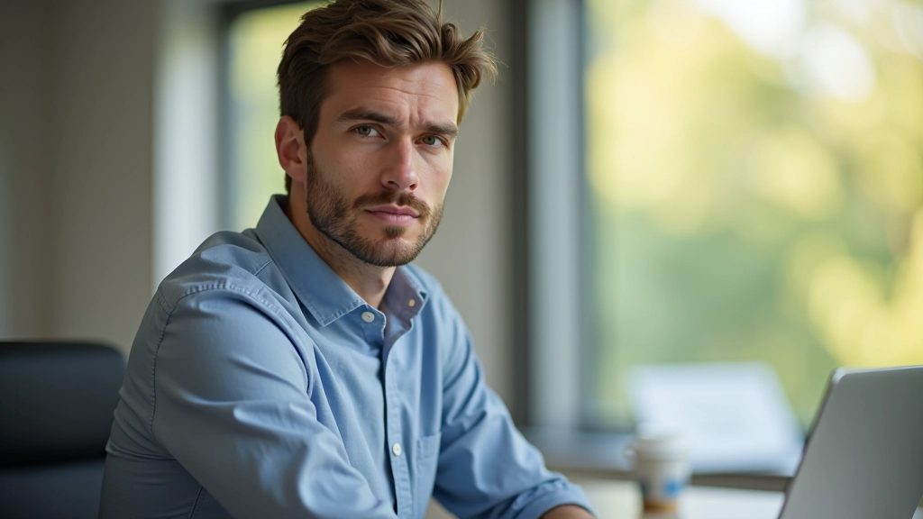 Person sitzt an Schreibtisch mit Laptop, schaut konzentriert auf Bildschirm, morgendliches Licht von Fenster, professionelle Büroumgebung