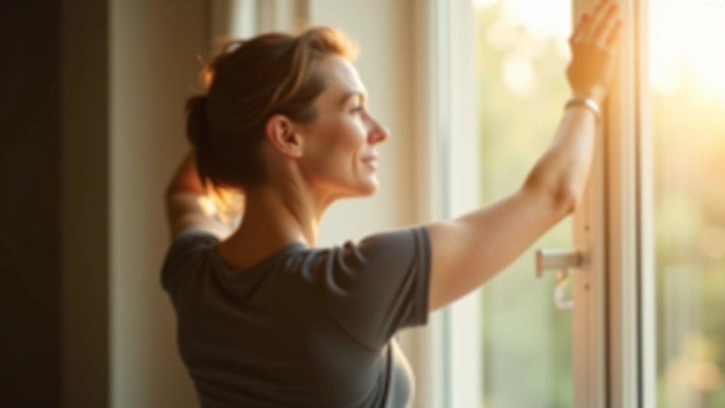 Person macht Dehnübungen am Morgen vor Fenster mit Blick in die Natur, Sonnenlicht streift den Körper