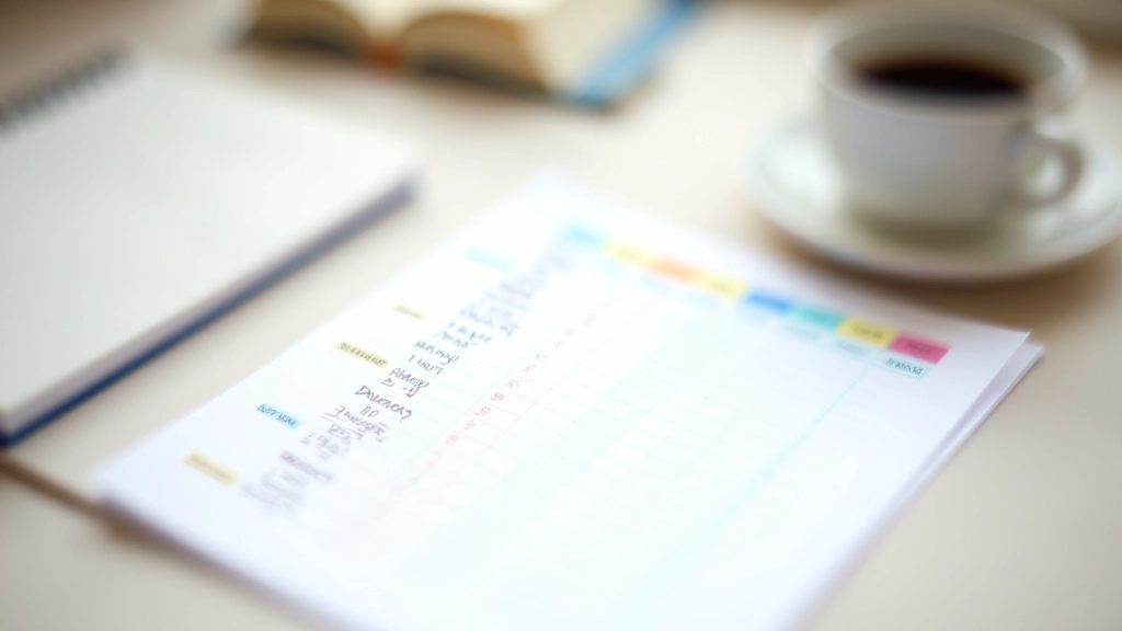 Wochenplaner mit handgeschriebenen Energiewerten, farblich markiert mit Höhe- und Tiefpunkten, Stift und Kaffeetasse daneben