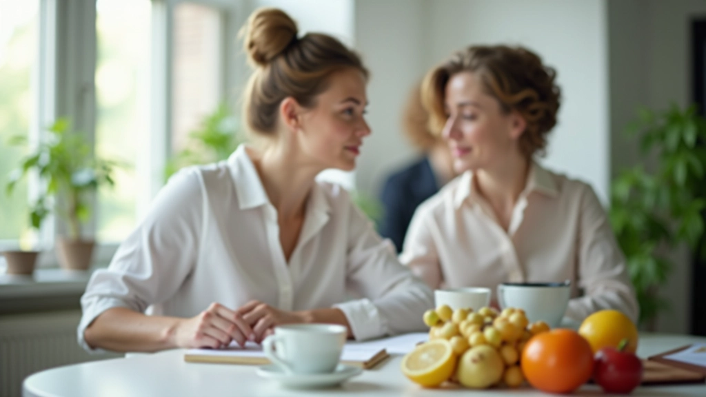 Frau mittleren Alters in einem hellen Büro mit Kaffee und Obst am Schreibtisch, konzentrierter Ausdruck, Tageslicht