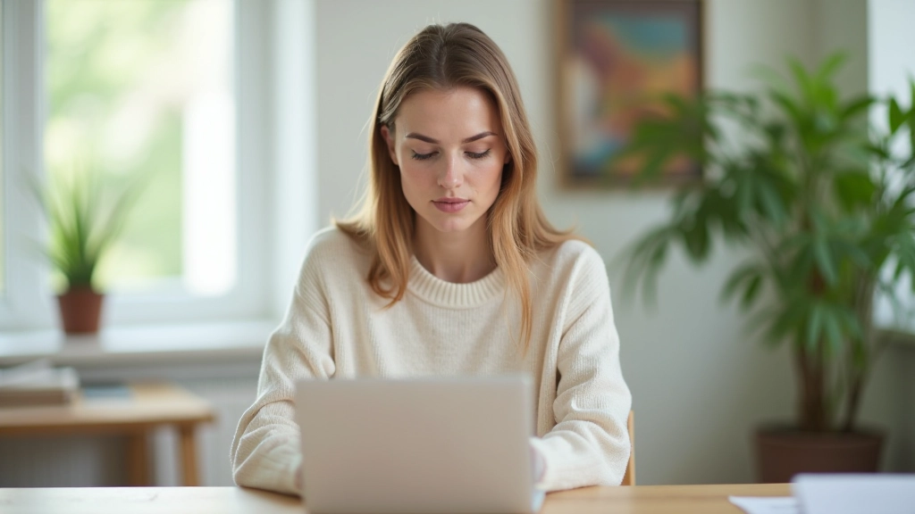 Person sitzt am Schreibtisch und schaut konzentriert auf ihren Laptop, natürliches Licht von Fenster, helles Büro mit Pflanze